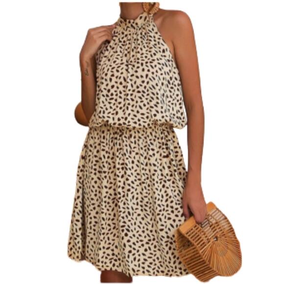 Coeur DE Vague Dress Cream Brown Print Sleeveless Halter Tie Back Dress Medium - Picture 1 of 12